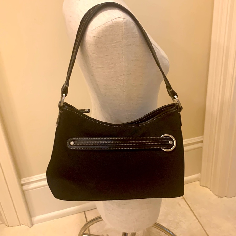 COLE HAHN BLACK SHOULDER BAG WITH LEATHER STRAP AND DETAILING, SILVER HARDWARE - Picture 1 of 13